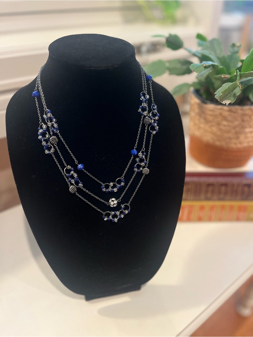 Three Strand Antique Silver-Tone Blue Bead Necklace